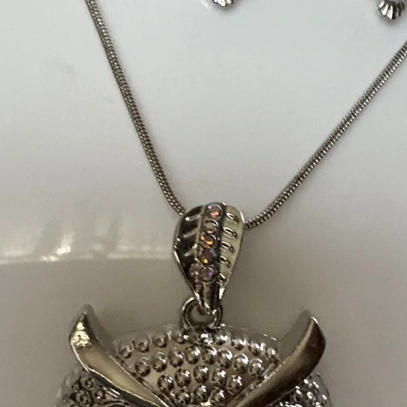 Silver Owl Pendant Necklace and Earring Set - Picture 5 of 7